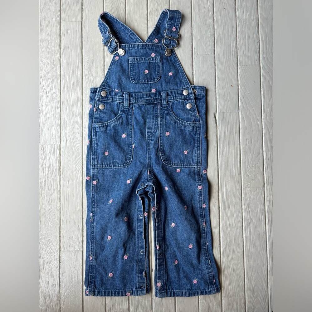 Vintage Faded Glory Jean Rose Embroidered Overalls Size 24 Months